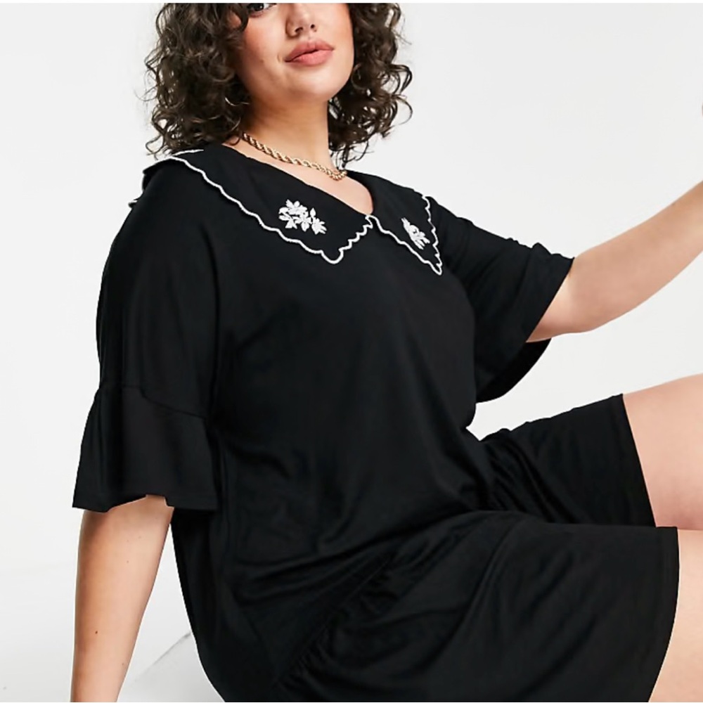 ASOS Curve Black Dress with Drop Waist and Embroidered Collar